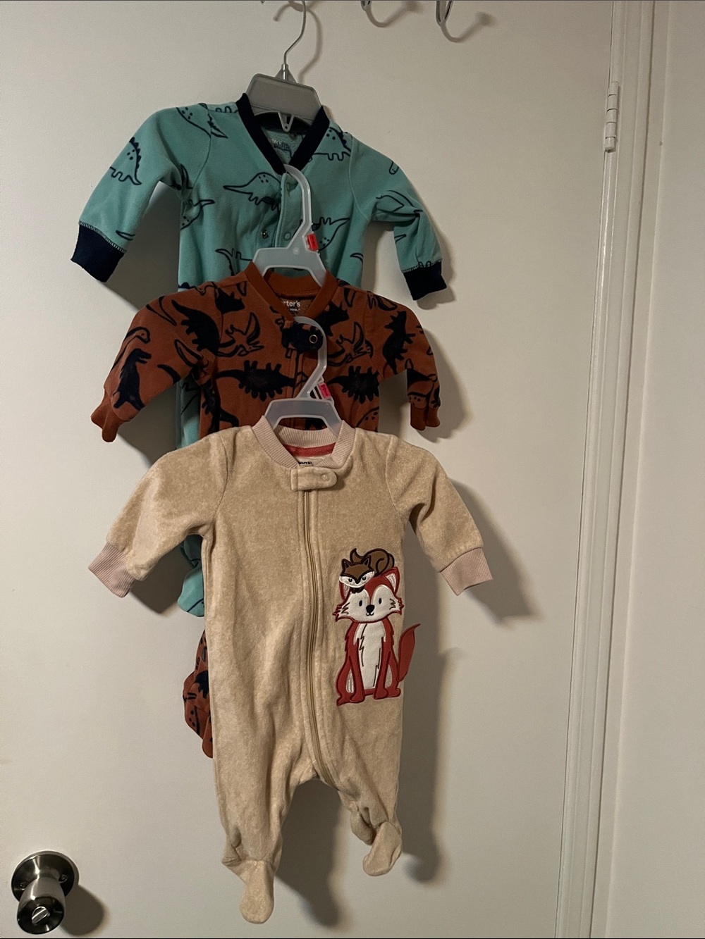 Toddler Dino-Print Footed One-Piece - Mint, rust and beige.